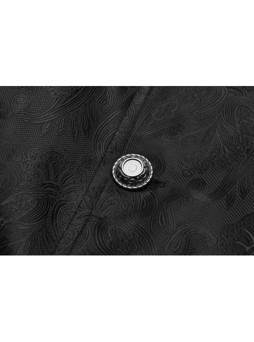 Stand-Up Collar Front Metal Retro Button Lace Cuff Black Gothic Floral Jacquard Long Coat