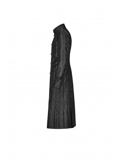 Stand-Up Collar Front Metal Retro Button Lace Cuff Black Gothic Floral Jacquard Long Coat