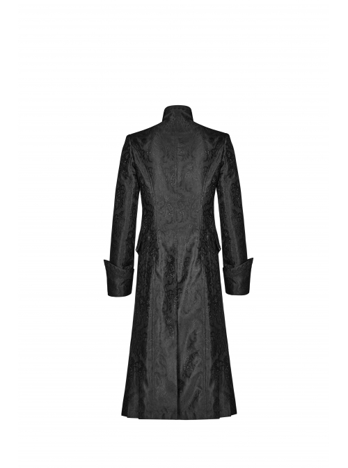 Stand-Up Collar Front Metal Retro Button Lace Cuff Black Gothic Floral Jacquard Long Coat