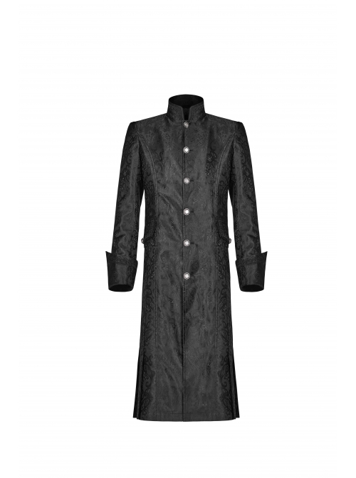 Stand-Up Collar Front Metal Retro Button Lace Cuff Black Gothic Floral Jacquard Long Coat