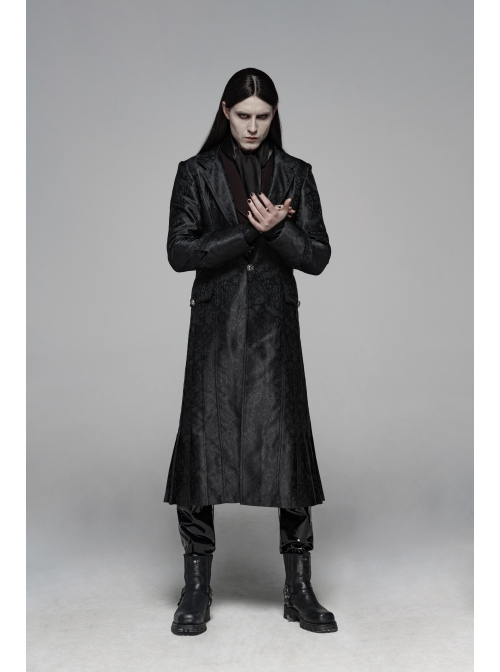 Stand-Up Collar Front Metal Retro Button Lace Cuff Black Gothic Floral Jacquard Long Coat