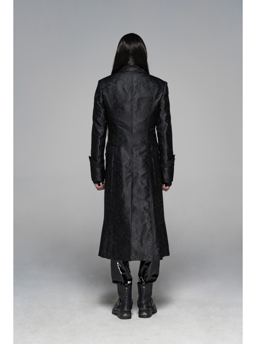Stand-Up Collar Front Metal Retro Button Lace Cuff Black Gothic Floral Jacquard Long Coat