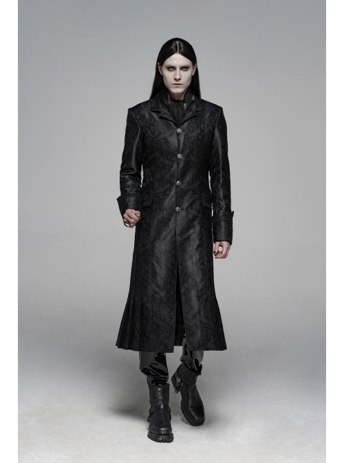 Stand-Up Collar Front Metal Retro Button Lace Cuff Black Gothic Floral Jacquard Long Coat