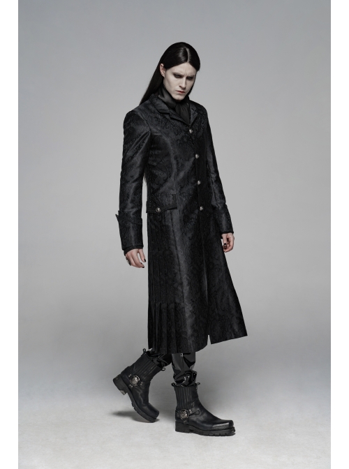 Stand-Up Collar Front Metal Retro Button Lace Cuff Black Gothic Floral Jacquard Long Coat