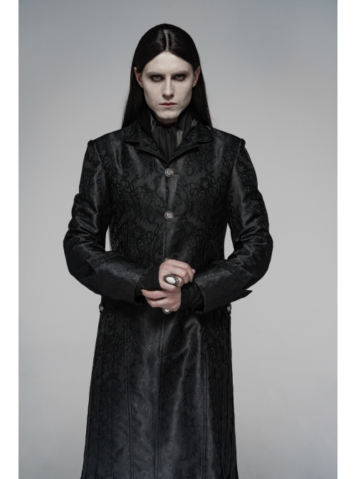 Stand-Up Collar Front Metal Retro Button Lace Cuff Black Gothic Floral Jacquard Long Coat