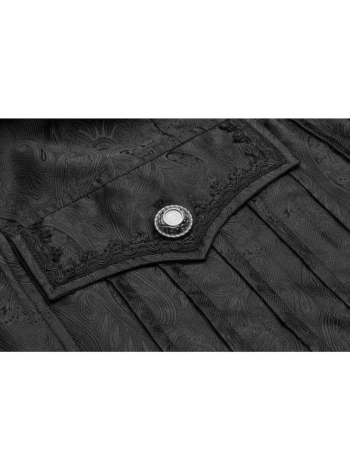 Stand-Up Collar Front Metal Retro Button Lace Cuff Black Gothic Floral Jacquard Long Coat