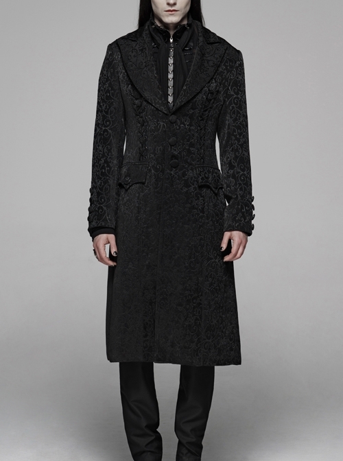 Front Button Metal Eyelets Lace-Up Long Sleeve Black Gothic Jacquard Silhouette Long Coat