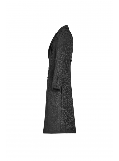 Front Button Metal Eyelets Lace-Up Long Sleeve Black Gothic Jacquard Silhouette Long Coat