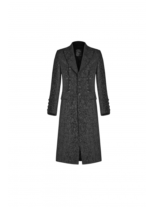 Front Button Metal Eyelets Lace-Up Long Sleeve Black Gothic Jacquard Silhouette Long Coat