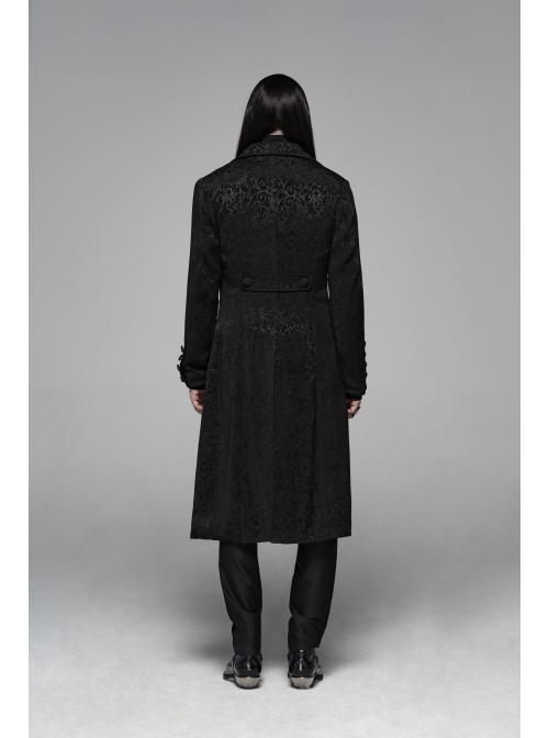 Front Button Metal Eyelets Lace-Up Long Sleeve Black Gothic Jacquard Silhouette Long Coat