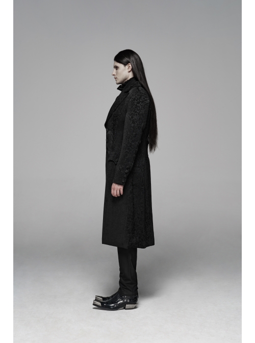 Front Button Metal Eyelets Lace-Up Long Sleeve Black Gothic Jacquard Silhouette Long Coat
