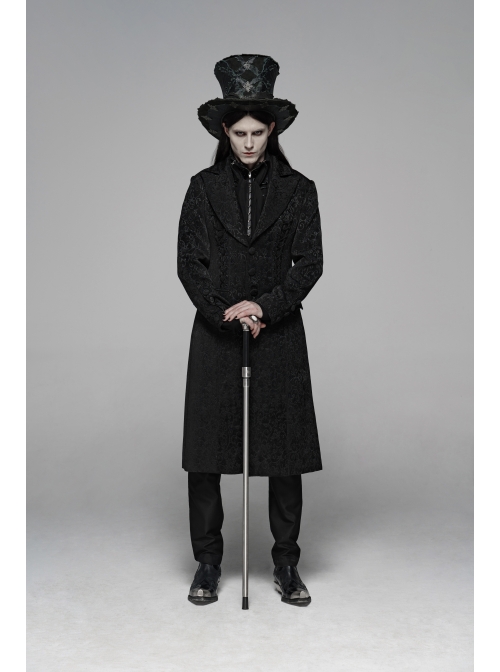 Front Button Metal Eyelets Lace-Up Long Sleeve Black Gothic Jacquard Silhouette Long Coat