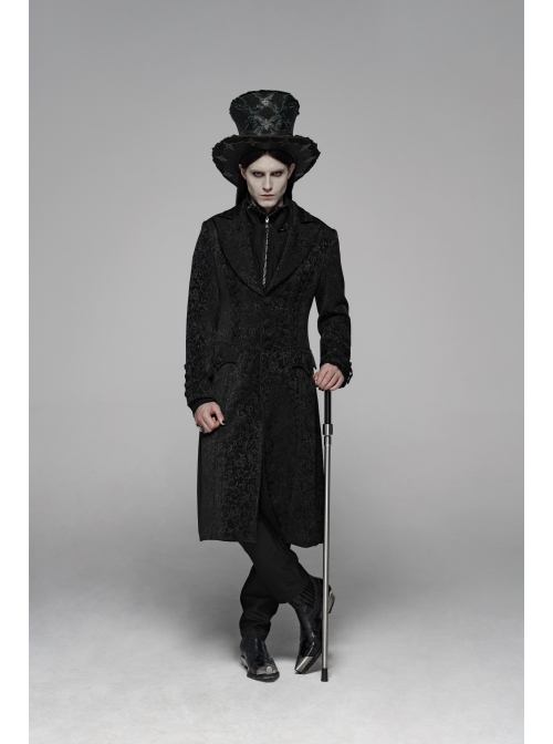 Front Button Metal Eyelets Lace-Up Long Sleeve Black Gothic Jacquard Silhouette Long Coat