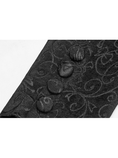 Front Button Metal Eyelets Lace-Up Long Sleeve Black Gothic Jacquard Silhouette Long Coat