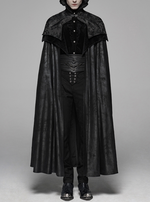Stand-Up Collar Metal Retro Hasp Frill Hem Black Gothic Splice Imitation Horse Wool Jacquard Cloak