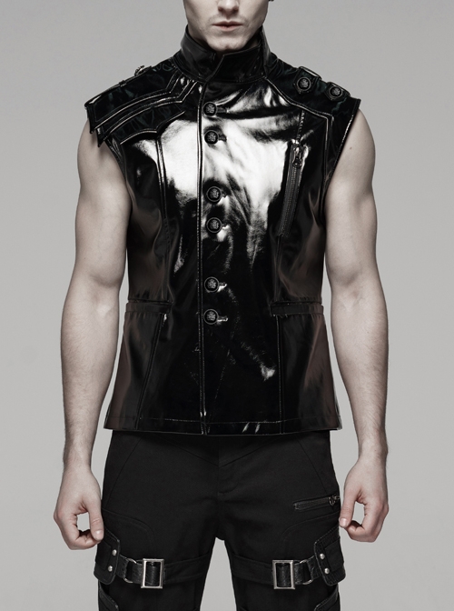 Stand-Up Collar Shoulder Hasp Front Metal Button Black Punk Woven Bright Lacquer Leather Vest