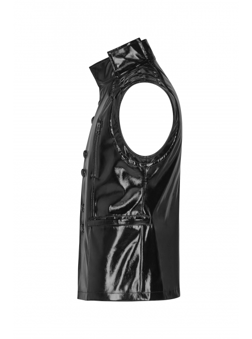 Stand-Up Collar Shoulder Hasp Front Metal Button Black Punk Woven Bright Lacquer Leather Vest