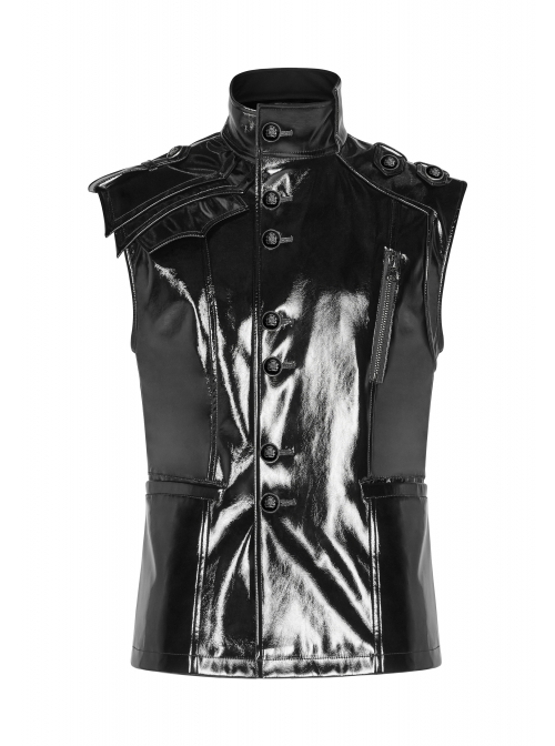 Stand-Up Collar Shoulder Hasp Front Metal Button Black Punk Woven Bright Lacquer Leather Vest