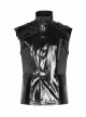 Stand-Up Collar Shoulder Hasp Front Metal Button Black Punk Woven Bright Lacquer Leather Vest