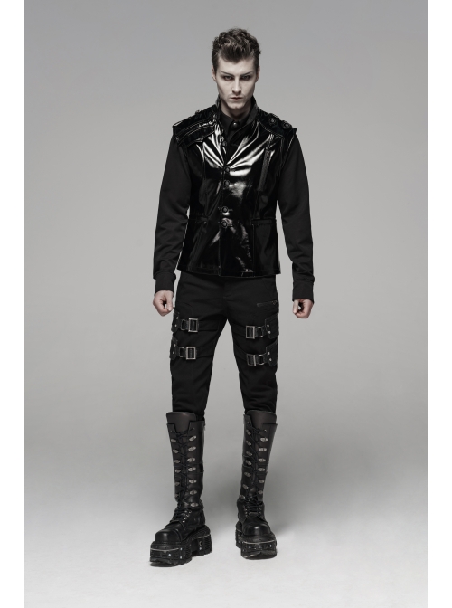 Stand-Up Collar Shoulder Hasp Front Metal Button Black Punk Woven Bright Lacquer Leather Vest