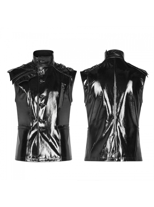 Stand-Up Collar Shoulder Hasp Front Metal Button Black Punk Woven Bright Lacquer Leather Vest