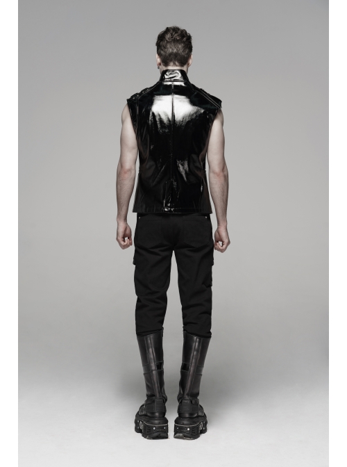 Stand-Up Collar Shoulder Hasp Front Metal Button Black Punk Woven Bright Lacquer Leather Vest