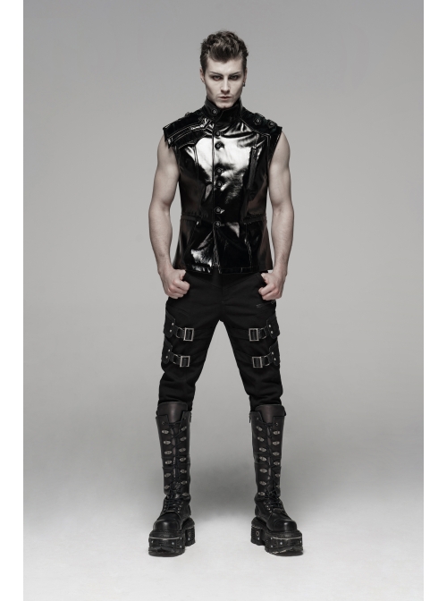 Stand-Up Collar Shoulder Hasp Front Metal Button Black Punk Woven Bright Lacquer Leather Vest