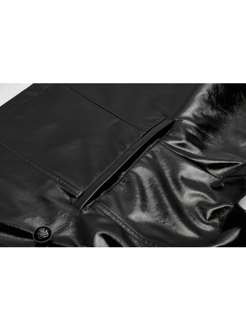 Stand-Up Collar Shoulder Hasp Front Metal Button Black Punk Woven Bright Lacquer Leather Vest