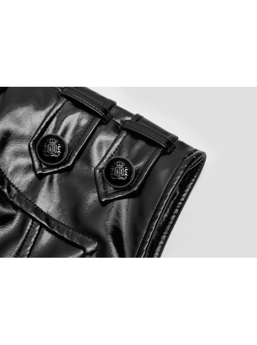 Stand-Up Collar Shoulder Hasp Front Metal Button Black Punk Woven Bright Lacquer Leather Vest
