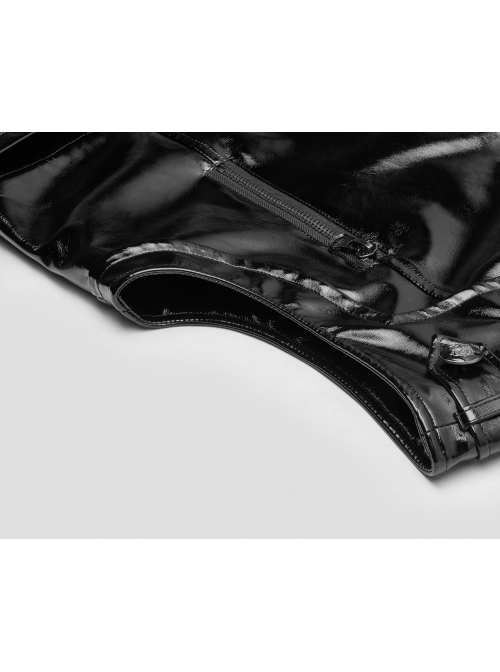 Stand-Up Collar Shoulder Hasp Front Metal Button Black Punk Woven Bright Lacquer Leather Vest