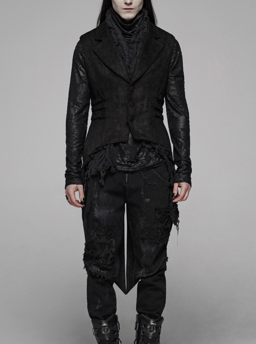 Front Button Side Metal Eyelets Strap Crumple Swallow-Tailed Hem Black Gothic Floral Sued Waistcoat