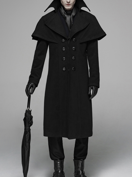 Front Metal Button Shoulder Cloak Back Waist Hasp Black Gothic Coat