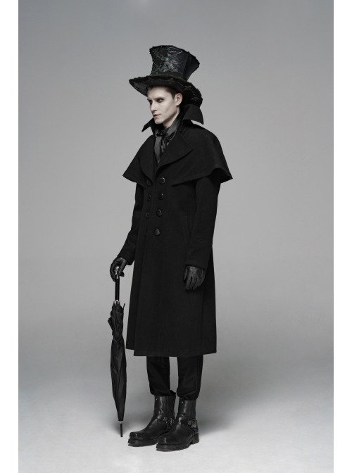 Front Metal Button Shoulder Cloak Back Waist Hasp Black Gothic Coat