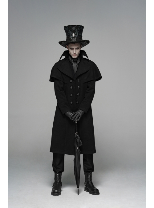 Front Metal Button Shoulder Cloak Back Waist Hasp Black Gothic Coat