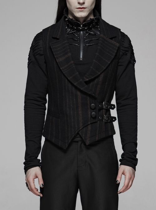 Big Collar Front Button Leather Hasp Black Punk Striped Waistcoat