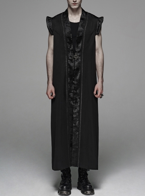 Front Chest Metal Retro Buckle Splice Print Black Gothic Chinese Style Long WaistCoat