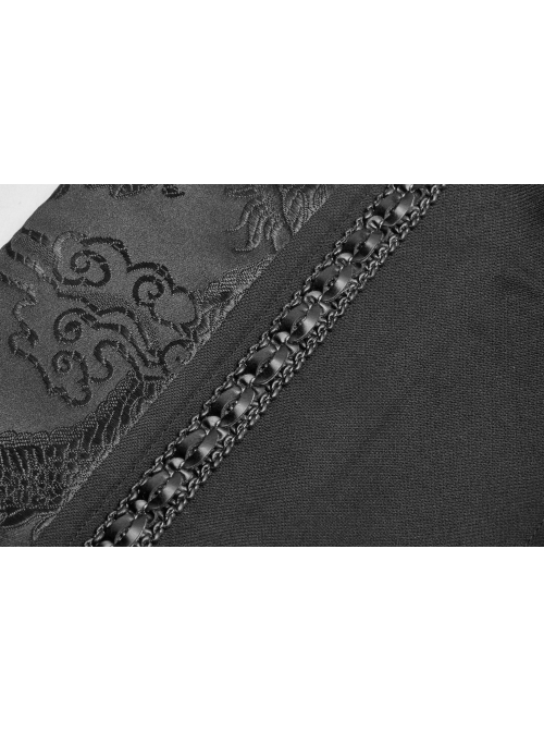 Front Chest Metal Retro Buckle Splice Print Black Gothic Chinese Style Long WaistCoat