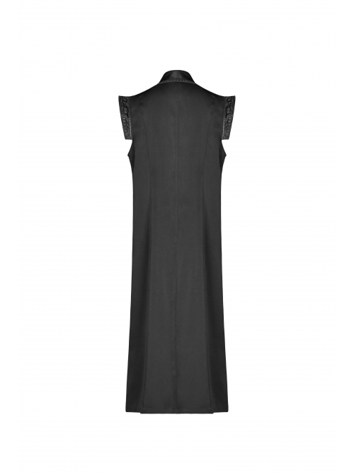 Front Chest Metal Retro Buckle Splice Print Black Gothic Chinese Style Long WaistCoat
