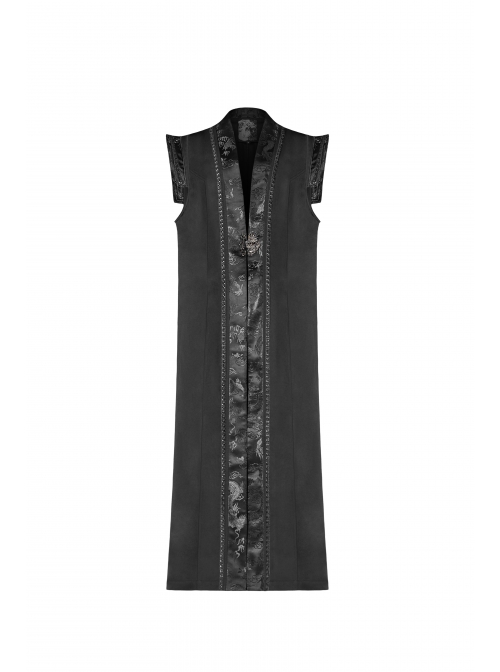 Front Chest Metal Retro Buckle Splice Print Black Gothic Chinese Style Long WaistCoat