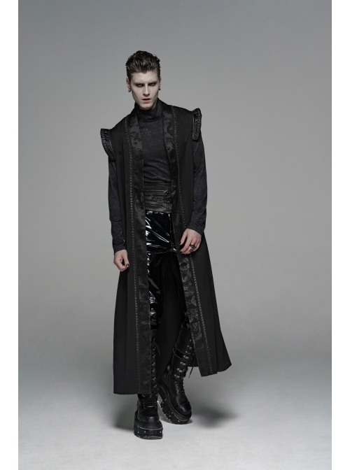 Front Chest Metal Retro Buckle Splice Print Black Gothic Chinese Style Long WaistCoat