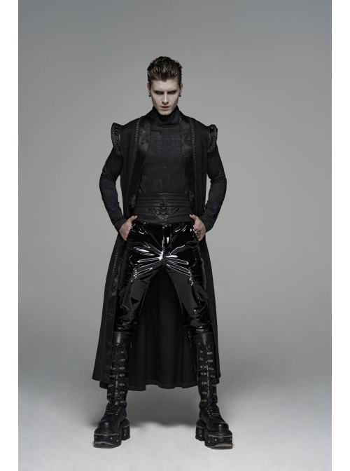 Front Chest Metal Retro Buckle Splice Print Black Gothic Chinese Style Long WaistCoat