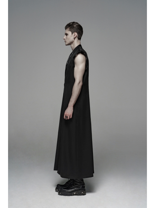 Front Chest Metal Retro Buckle Splice Print Black Gothic Chinese Style Long WaistCoat