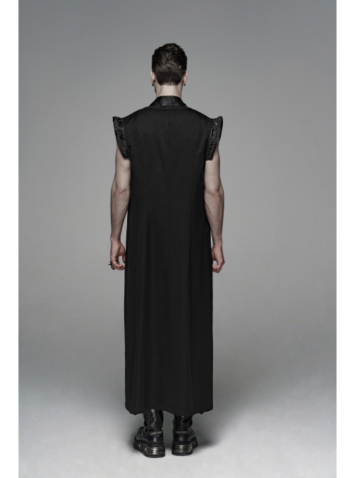 Front Chest Metal Retro Buckle Splice Print Black Gothic Chinese Style Long WaistCoat