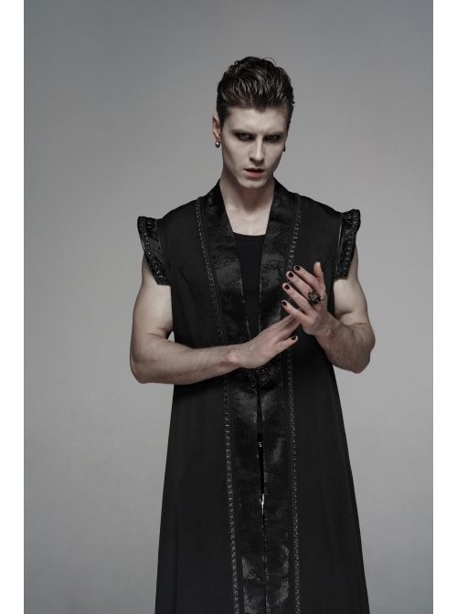 Front Chest Metal Retro Buckle Splice Print Black Gothic Chinese Style Long WaistCoat