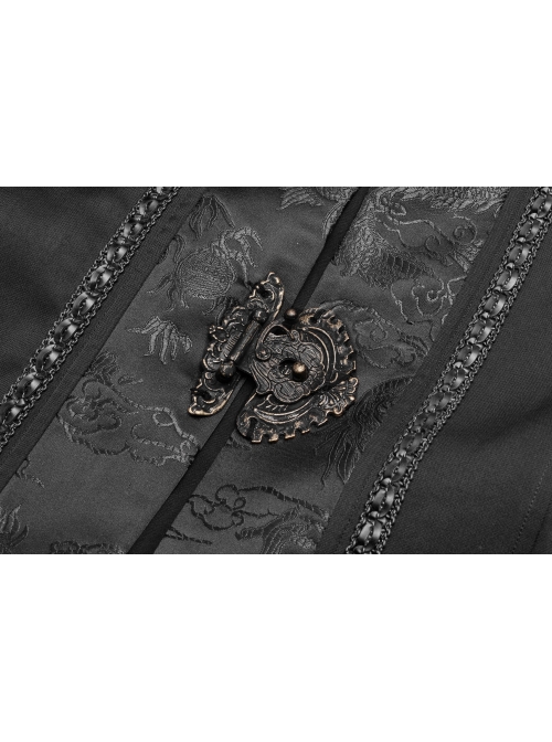 Front Chest Metal Retro Buckle Splice Print Black Gothic Chinese Style Long WaistCoat