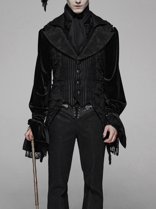 Front Metal Button Side Splice Broken Holes Mesh Sharp Corner Hem Black Gothic Stripe Vest
