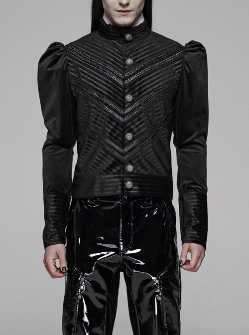 High Collar Front Metal Retro Button Bubble Sleeve Black Stripe Gothic Velvet Short Shirt