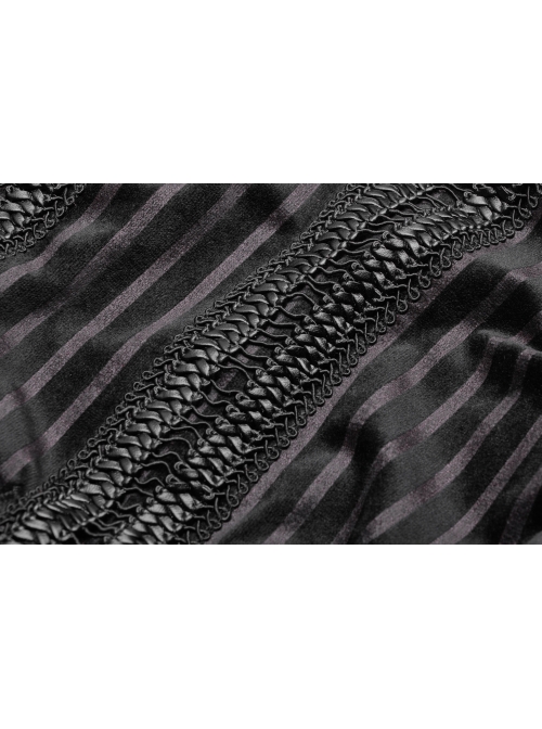 High Collar Front Metal Retro Button Bubble Sleeve Black Stripe Gothic Velvet Short Shirt