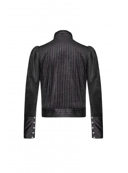 High Collar Front Metal Retro Button Bubble Sleeve Black Stripe Gothic Velvet Short Shirt