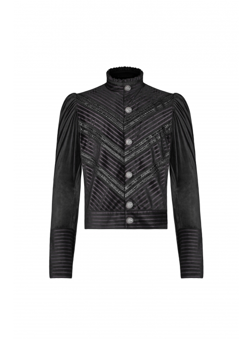 High Collar Front Metal Retro Button Bubble Sleeve Black Stripe Gothic Velvet Short Shirt